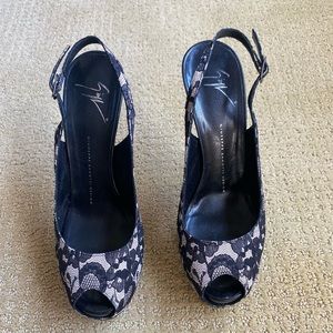 Giuseffe Zanotti Black and Tan lace heels